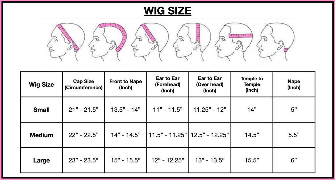 Wig size chart with measurements on a pink background