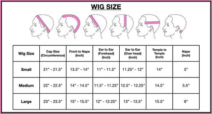Wig size chart with measurements on a pink background